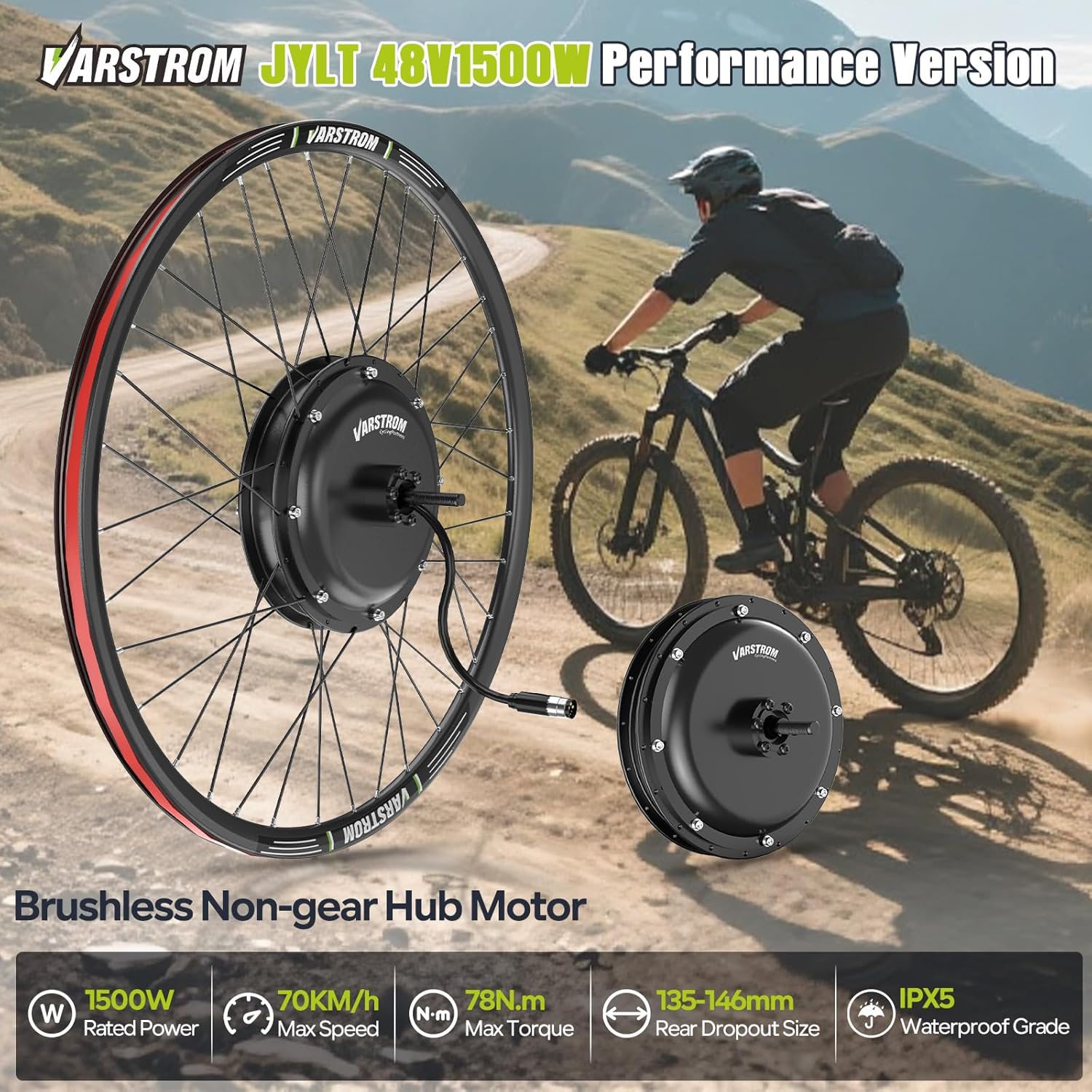 Varstrom 48V 1500W E-Bike Conversion Kit with rear hub motor and a mountain bike in the background.