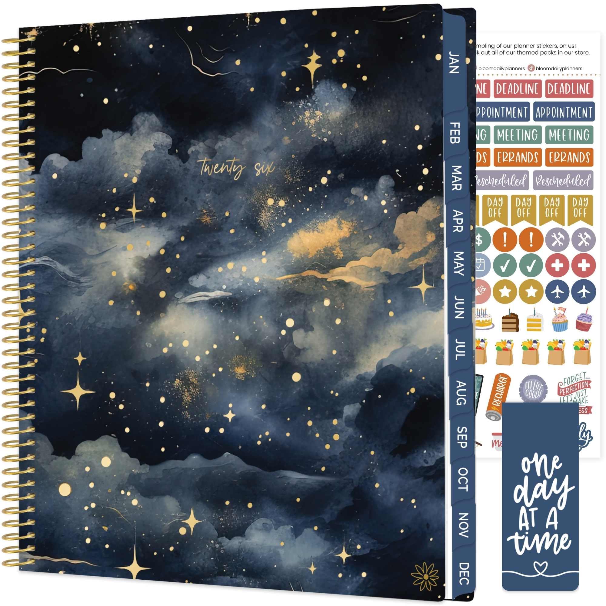 bloom daily planners Planer 2026 (od stycznia do grudnia) - 21,5 cm x 28 cm tygodniowy i miesięczny organizer z naklejkami i zakładkami - elastyczna miękka okładka - Midnight Sky