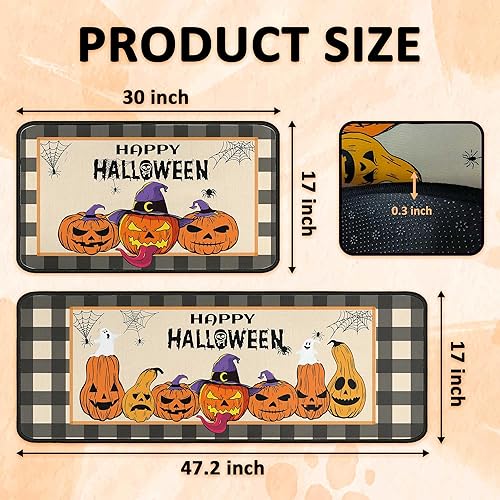 Miniatura 2 de Juego de 2 alfombras de cocina con calabaza de Halloween, lavables, antideslizantes, para decoración de cocina del hogar, fregadero, oficina,