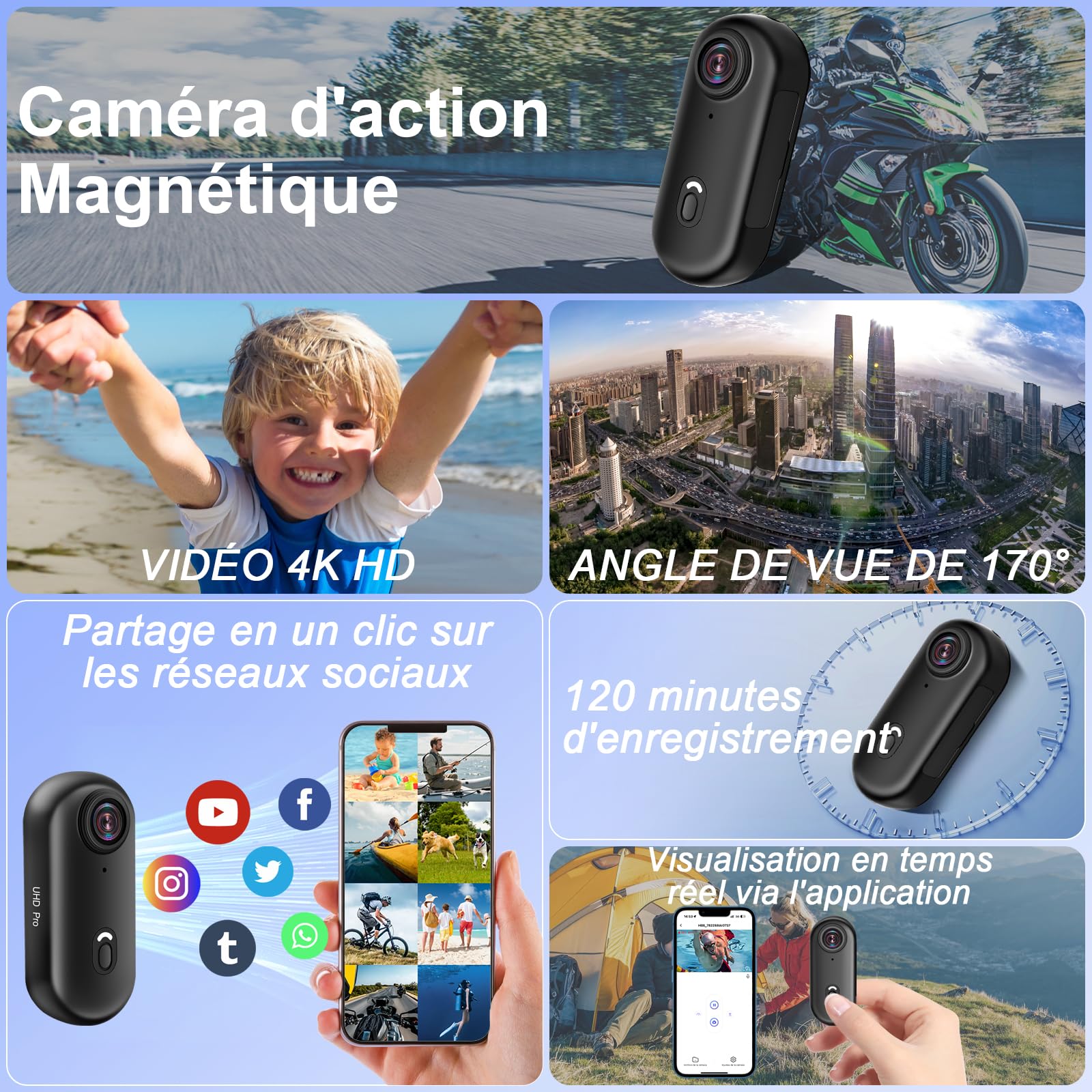 Caméra d'action WiFi 4K, Mini Caméra d'action Sportive 170°, Caméra pour Casque de Moto, Caméra Vidéo Portable Étanche 32 Go avec Aimant pour Le Cyclisme et la Pêche