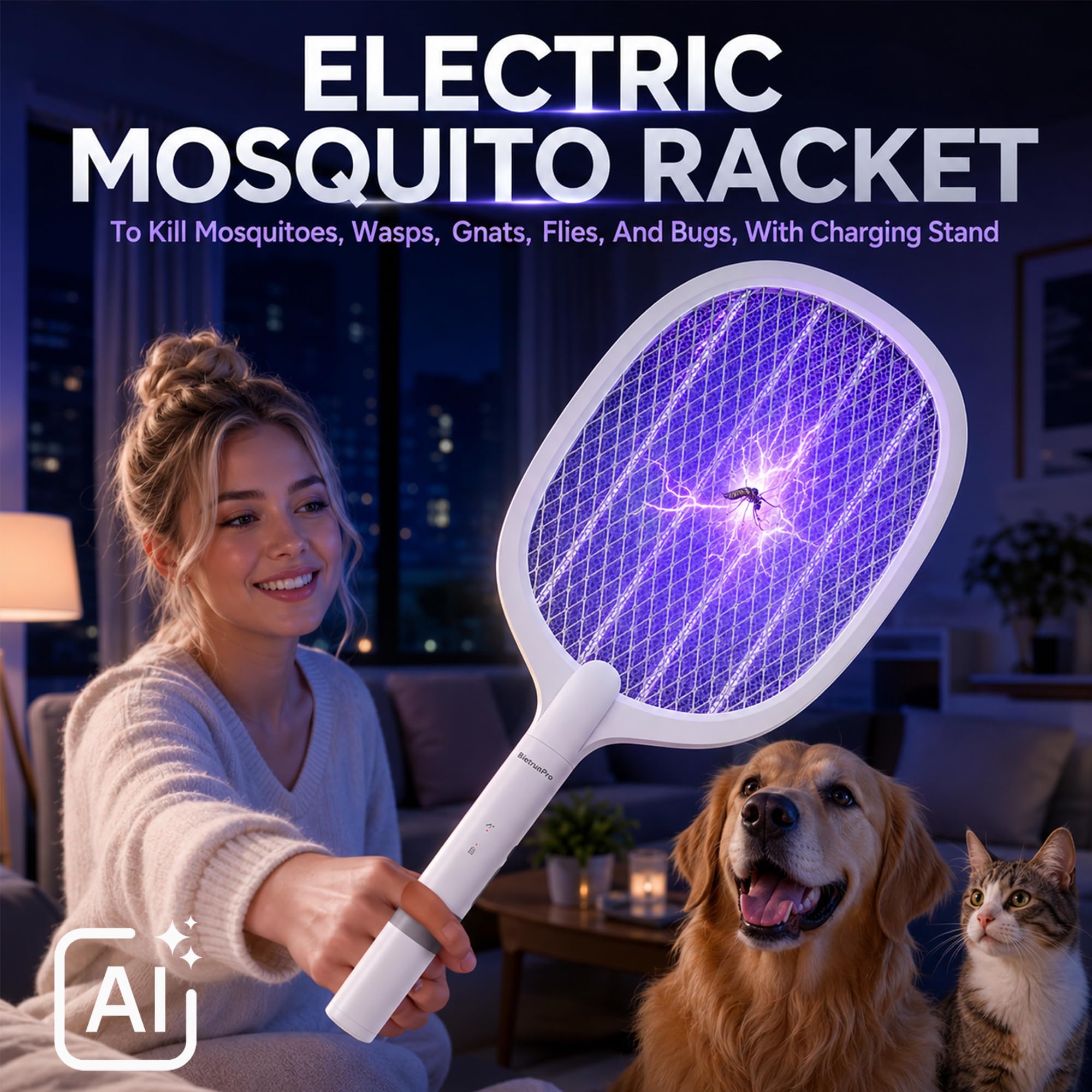 Elektrische Fliegenklatsche wiederaufladbar (2er-Pack), 2-in-1 elektrischer Insektenvernichter, Mückenfalle, Lampe und Schläger, USB-C-Ladeständer, leistungsstarkes Gitter, 3-lagiges Sicherheitsnetz