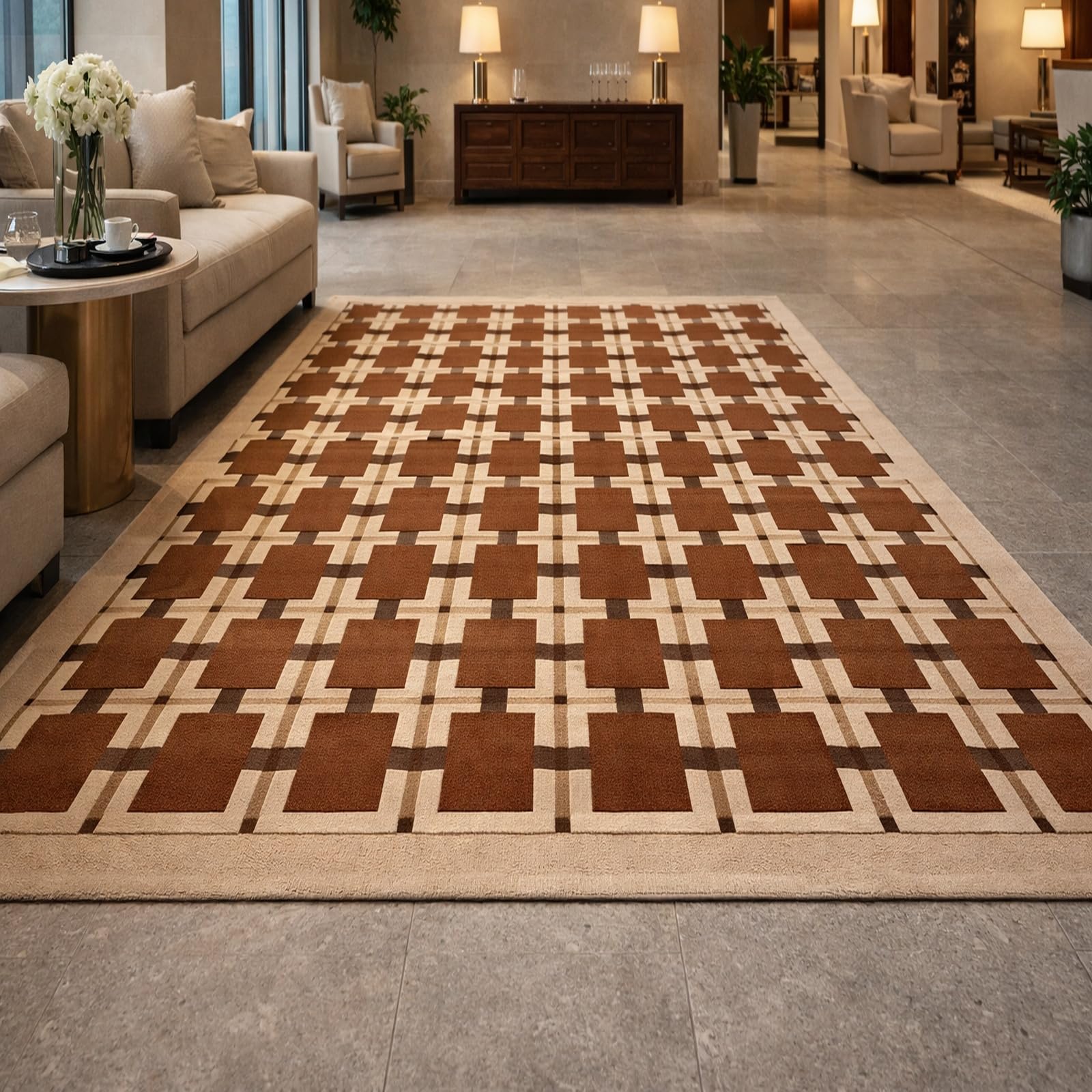 Tapis entrée intérieur géométrique marron et beige de 70x140 cm pour salon