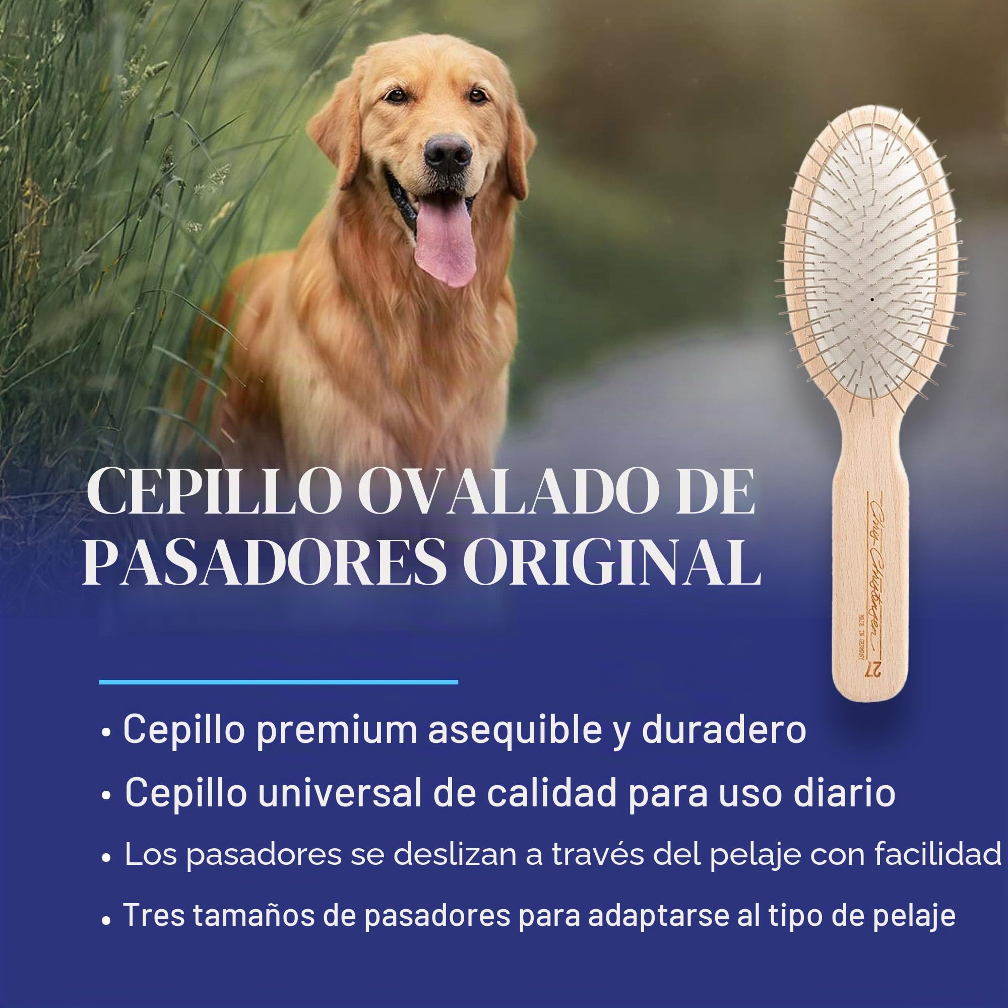 Chris Christensen Cepillo para perro, cepillo ovalado de 27 mm, serie original, Groom Like a Professional, pasadores de acero inoxidable, cuerpo de madera de haya ligera, puntas pulidas y pulidas