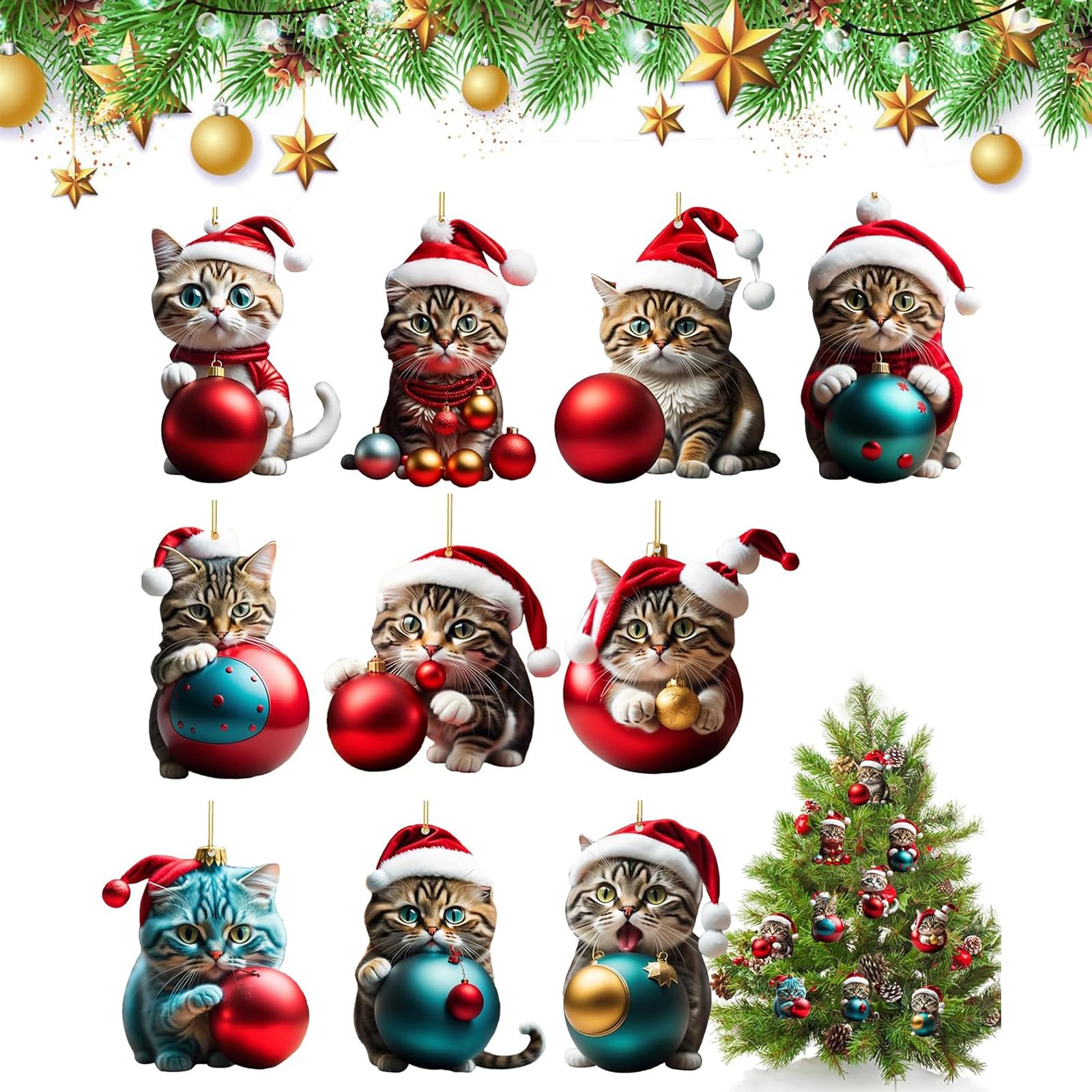 Colgante de Árbol de Navidad con Gatos,Arbol de Navidad para Gatos,Adornos de Navidad de Gatos,10 Pcs Llavero Colgante de Árbol de Navidad,Adornos para el Árbol de Navidad,Colgante de Gato de Navidad