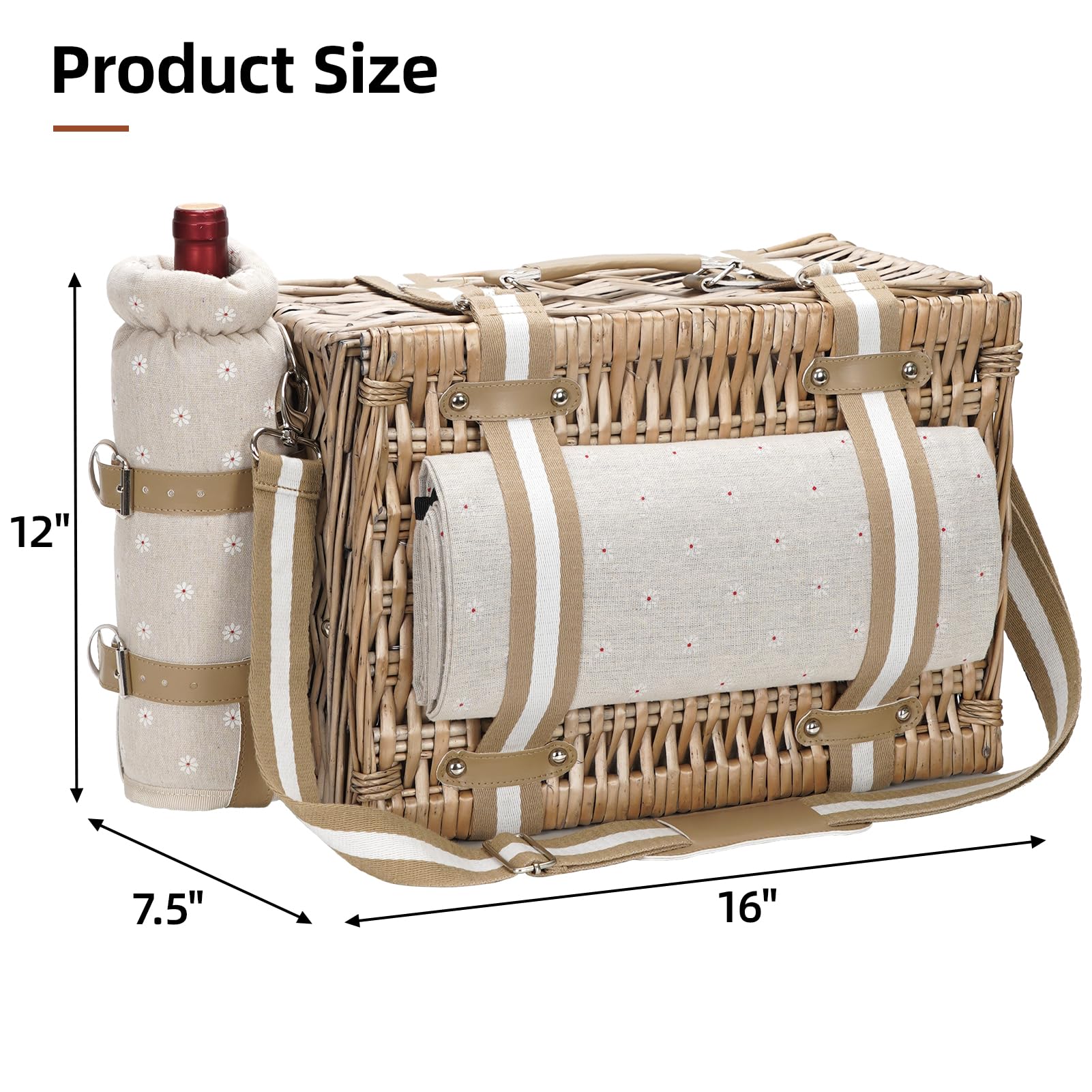 G GOOD GAIN Picknickkorb für 4 Personen – Weiden-Picknick-Set mit wasserdichter Decke und Weintasche, großer Picknickkorb mit isoliertem Kühler und Besteck-Set für Paare, Camping, weiße Blume, 40,6 x