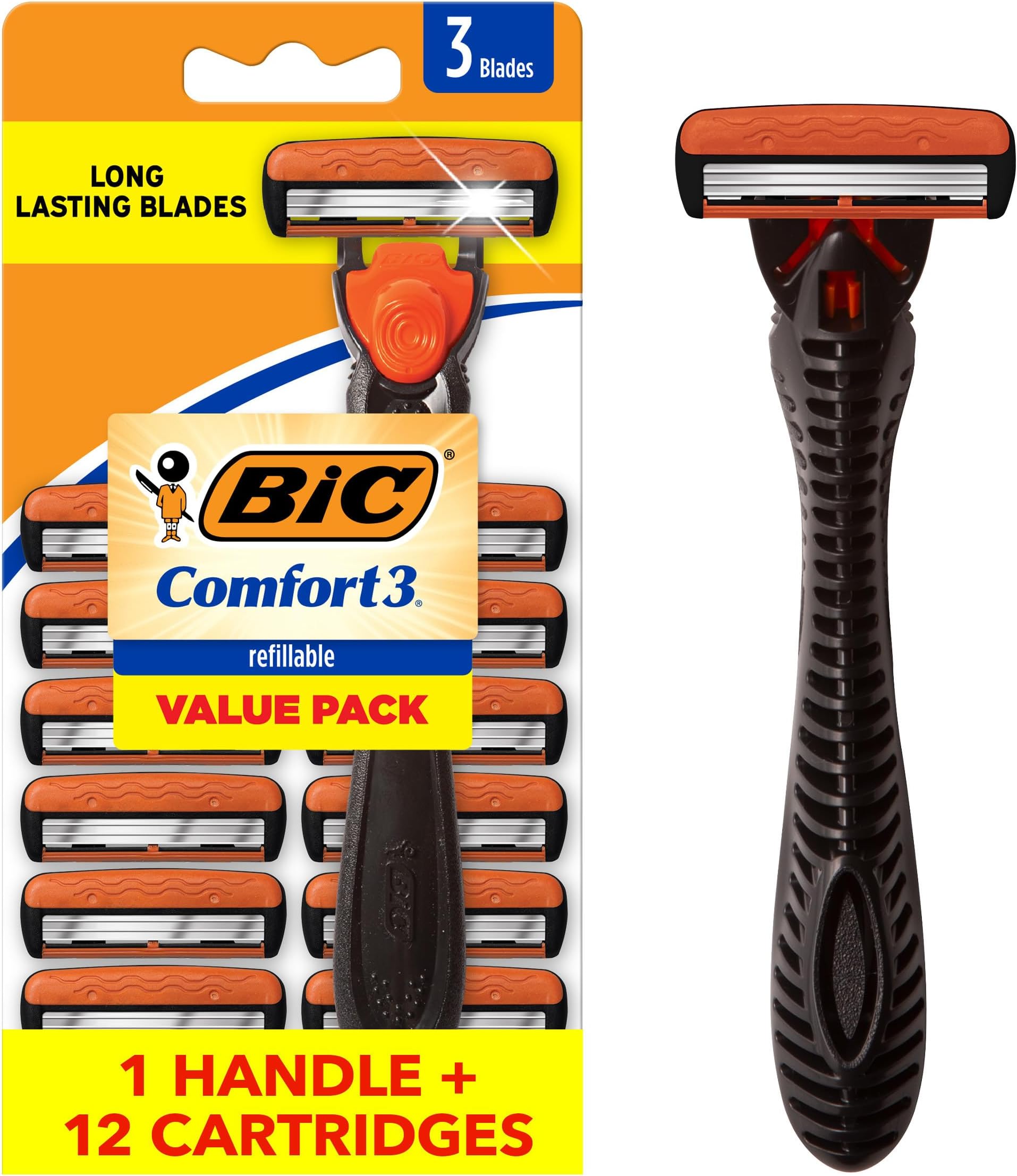 Comfort 3 Refillable Three-Blade Disposable Razors for Men, Sensitive Skin Razor for a Comfortable Shave, 1 Handle and 12 Cartridges With 3 Blades, 13 Piece Razor Kit