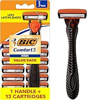 BIC Comfort 3 barbeadores descartáveis de três lâminas recarregáveis para homens, pele sensível para um barbear confortável, 1 cabo e 12 cartuchos com 3 lâminas, kit de 13 peças