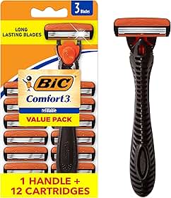 BIC Comfort 3 barbeadores descartáveis de três lâminas recarregáveis para homens, pele sensível para um barbear confortável, 1 cabo e 12 cartuchos com 3 lâminas, kit de 13 peças