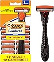 BIC Comfort 3 Refillable Three-Blade Razor for Men, Sensitive Skin Razor For a Comfortable Shave, 1 Handle and 12 Cartridges, 13 Piece Razor Set