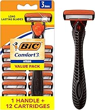BIC Comfort 3 Men's Refillable 3-Blade Razors with 1 Handle and 12 Cartridges, Smooth Shave Razor Set for Men