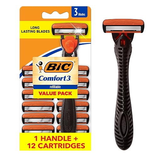 BIC Comfort 3 Mens 3-Blade Refillable Razors, 1 Handle & 12 Cartridges | Smooth Shave Kit for Dorm and Daily Grooming, College Dorm Room Essential, Shower Caddy and Toiletry Bag Ready