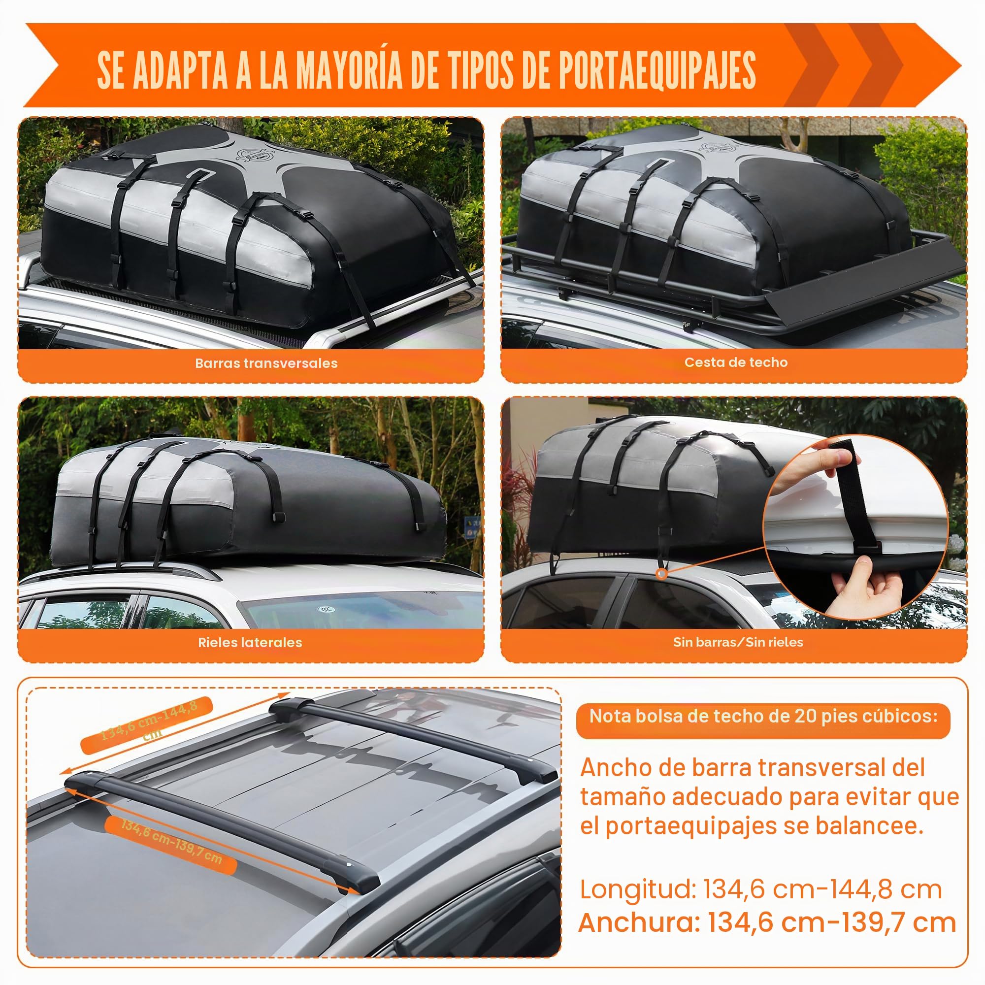 Sailnovo Cofre de Techo 580 L/20 cúbicos, Impermeable Bolsa de Techo, con 6 Ganchos con Alfombrilla Antideslizante Cerrar para Puerta, Apto para Coches sin Portaequipajes (Gris-Negro)