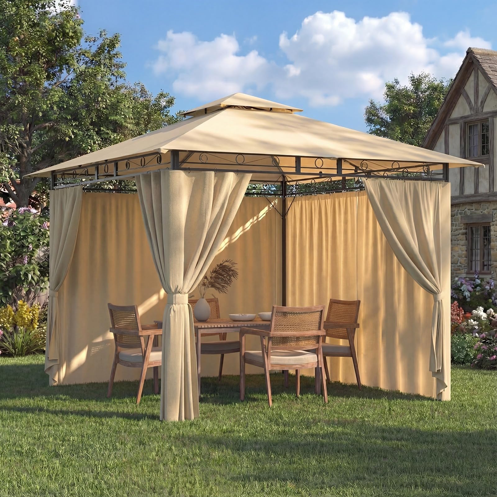 Devoko Gazebo da Giardino 3x3,Telo Gazebos 3x4 Impermeabile,Gazebo Esterno Resistente,Telaio in Metallo, Gazebos,Beige