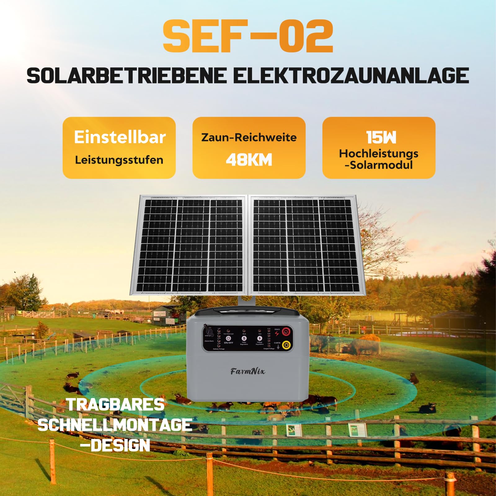 Valla eléctrica solar con batería, 48 kv-12 kv, con controlador de pastor alemán de 0,3 a 1,5 J. Valla eléctrica para ganado, granjas, pastos y jardines