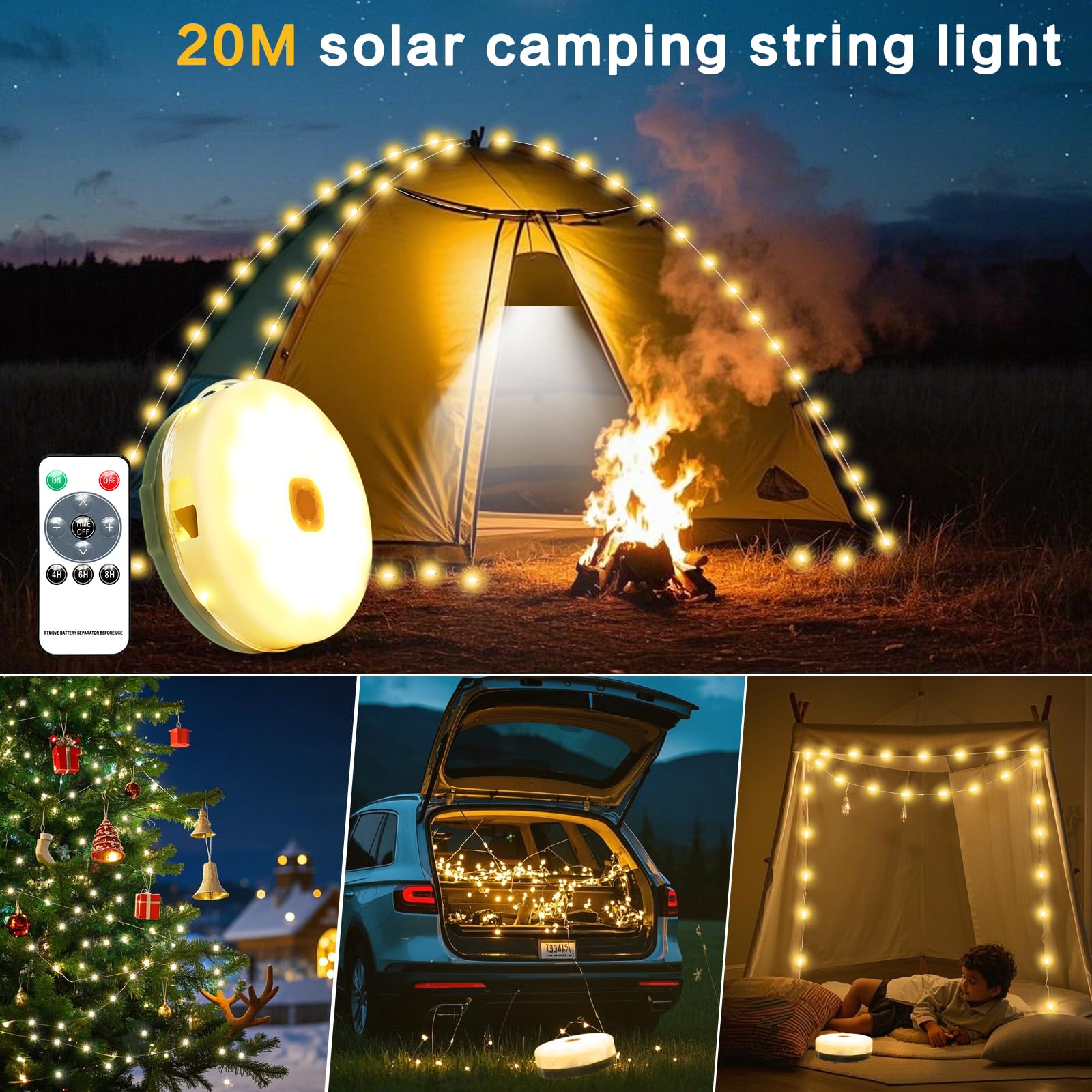 Brillistep Warm White Retractable Outdoor Solar Camping String Lights Reel 20m 200 LED Waterproof IP65, Camping Fairy Lights for Tents - Image 3