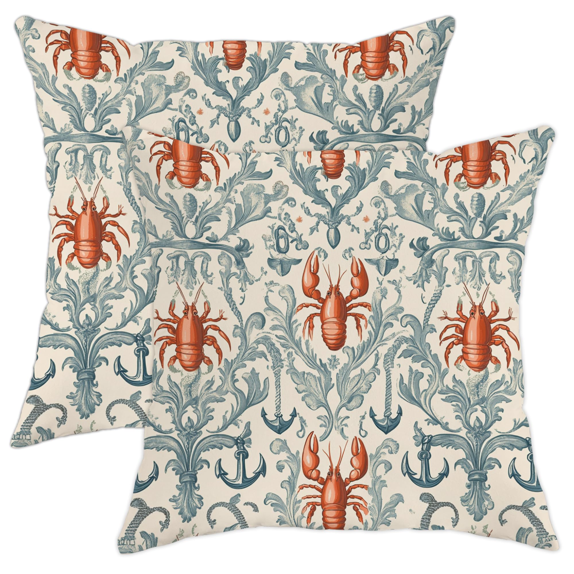 GDHBLING Vintage Coastal Crawfish Pillow Cases Kit of 2, Soft Retro Lobster Printing Throw Pillow Covers 18x18 Set, Ocean Life Velvet Decor for Couch