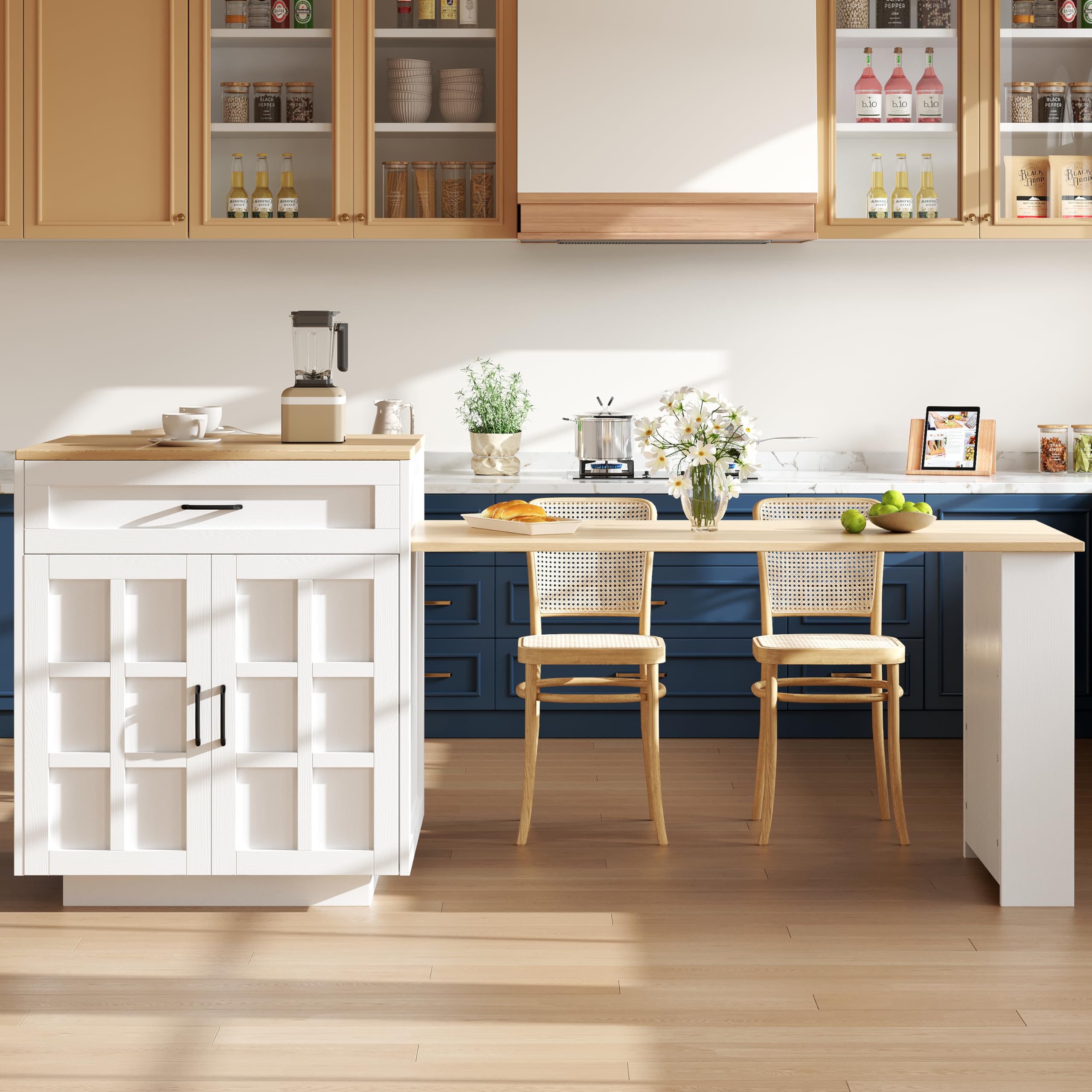 Zepneiy Table a Manger Extensible avec Espace de Rangement, Desserte Cuisine avec Deux tiroirs et Quatre Compartiments, Table Extensible pour îlot de Cuisine Blanc (133-202 × 70 × 93,5 cm)