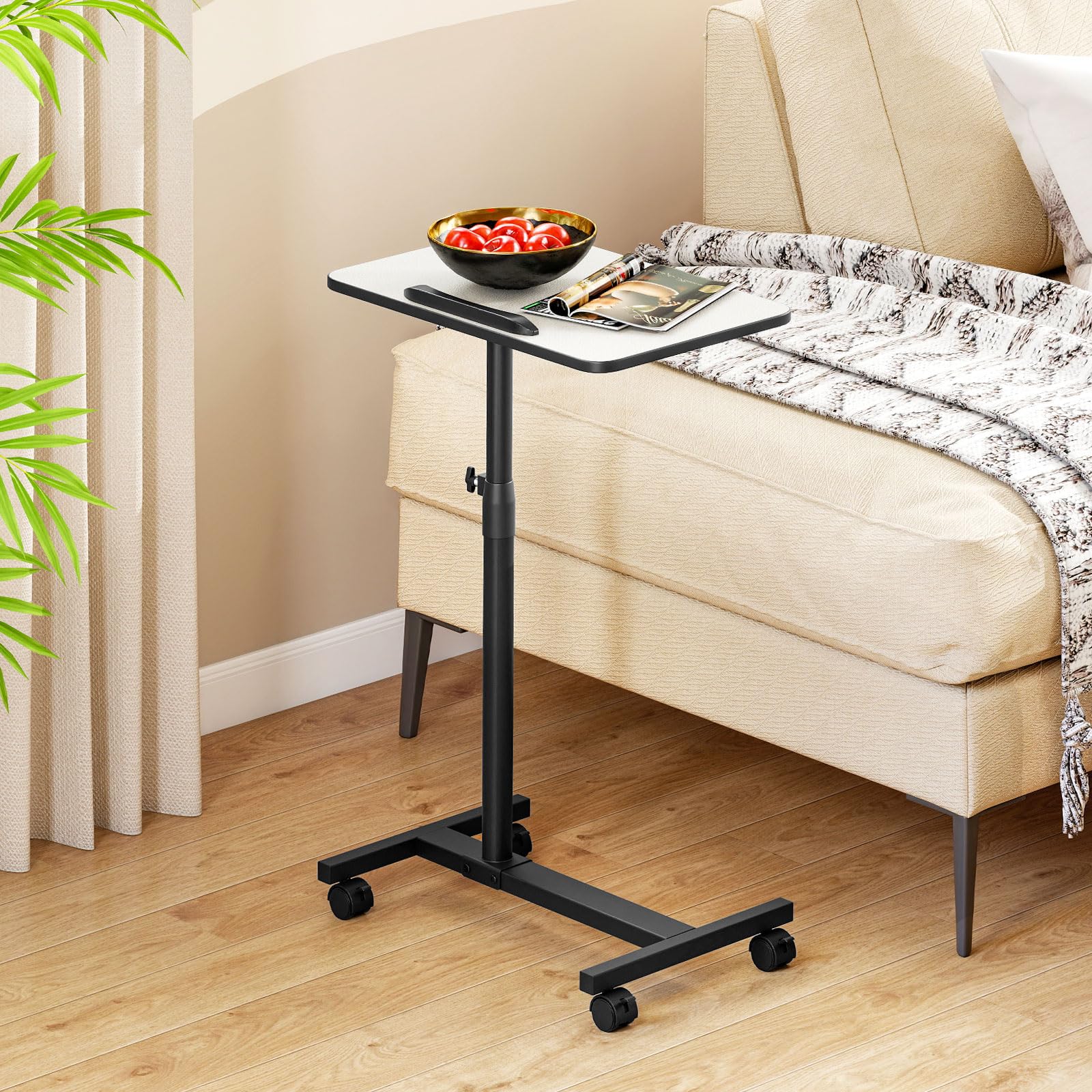 COSTWAY Tavolino Servitore con Altezza Regolabile, Ruote Bloccabili, Piano Girevole a 360° e Inclinabile con Fermo Bordo, Tavolino a Forma di C per Soggiorno, Camera da Letto e Studio (Grigio)