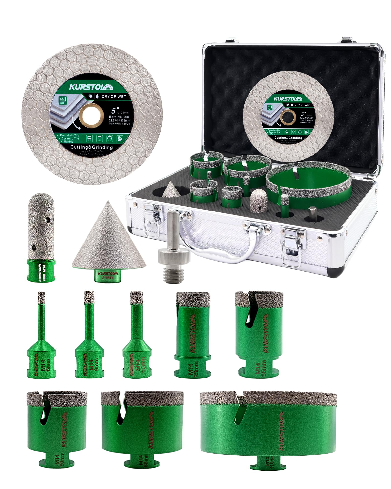 Brocas Diamante Porcelanico Kit 12 piezas - 6/8/10/25/35/50/68/110mm Brocas, 20mm Fresa, 50mm Broca Chaflan, 125mm Disco Diamante, Adaptador para Azulejo de Cerámica Porcelana Mármol Granito