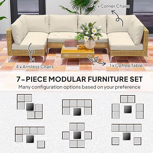 Miniatura 4 de Outsunny Juego de muebles de mimbre de 7 piezas, modular para exteriores con cojines gruesos, juego de conversación de muebles de exterior de ratán