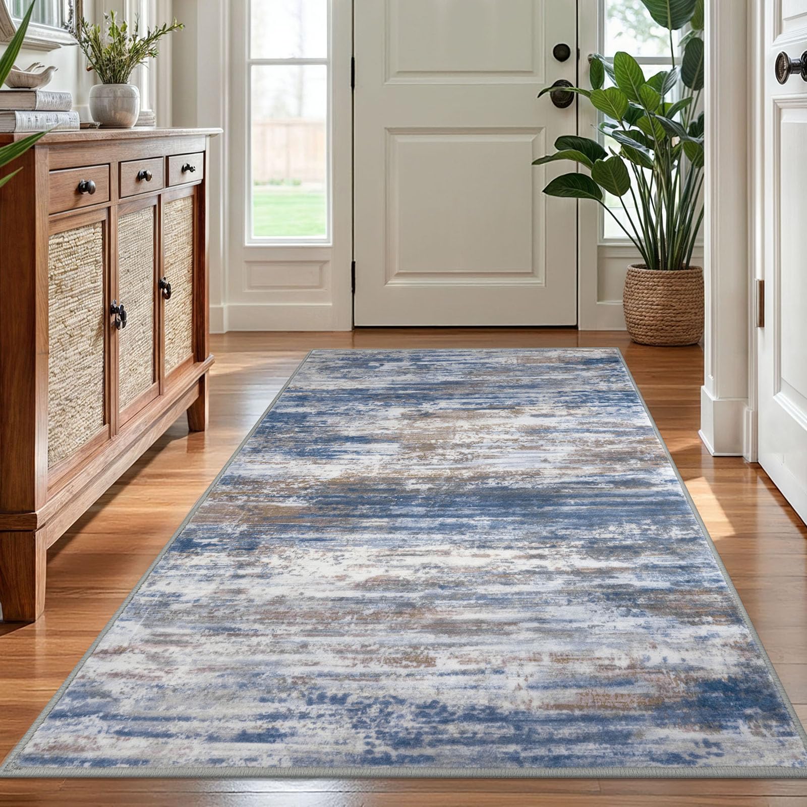 KOZYFLY 4x6 Area Rug Modern Ombre Washable Rugs for Bedroom Non-Slip Soft Striped Living Room Rugs, Print Blue Rust Abstract Carpet for Laundry Nursery — image 1
