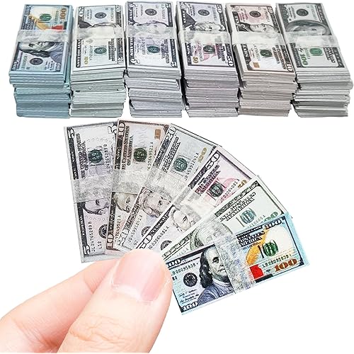 600PCS 1:12 Dollhouse Miniature Dollar Bills Set, Old Tiny Mixed Denominations Money for Doll House, New