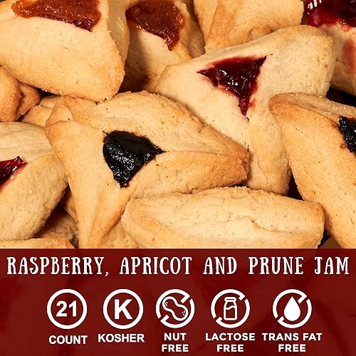 Miniatura 3 de Stern's Bakery - Galletas Hamentaschen en canasta de regalo de Purim, de mantequilla con relleno de albaricoque, frambuesa y ciruela pasa, Mishloach