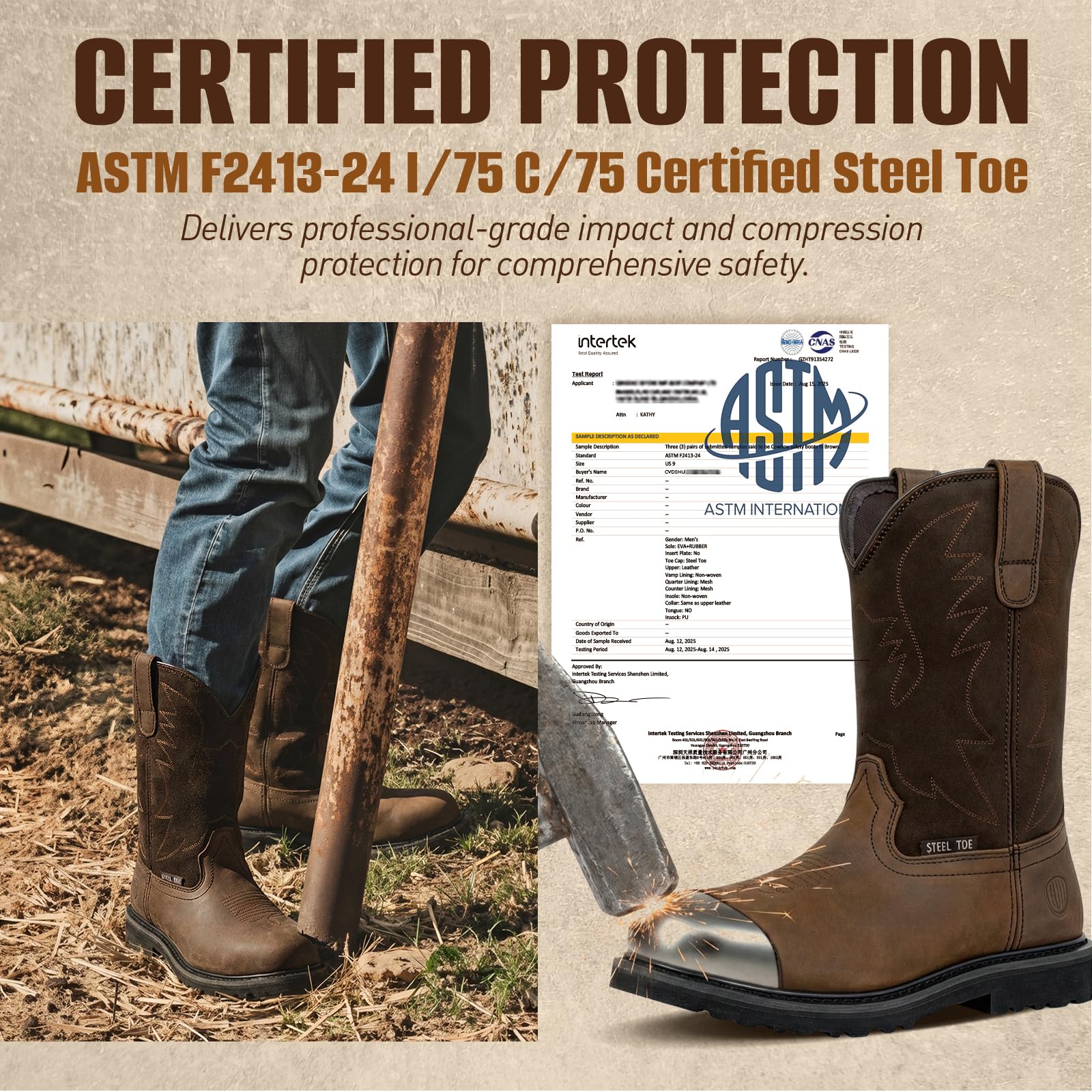 Men's Western Steel Toe Work Boots Round Toe Leather Cowboy Boots for Construction Farming Riding Ranch Botte Travail Homme Brown - 3