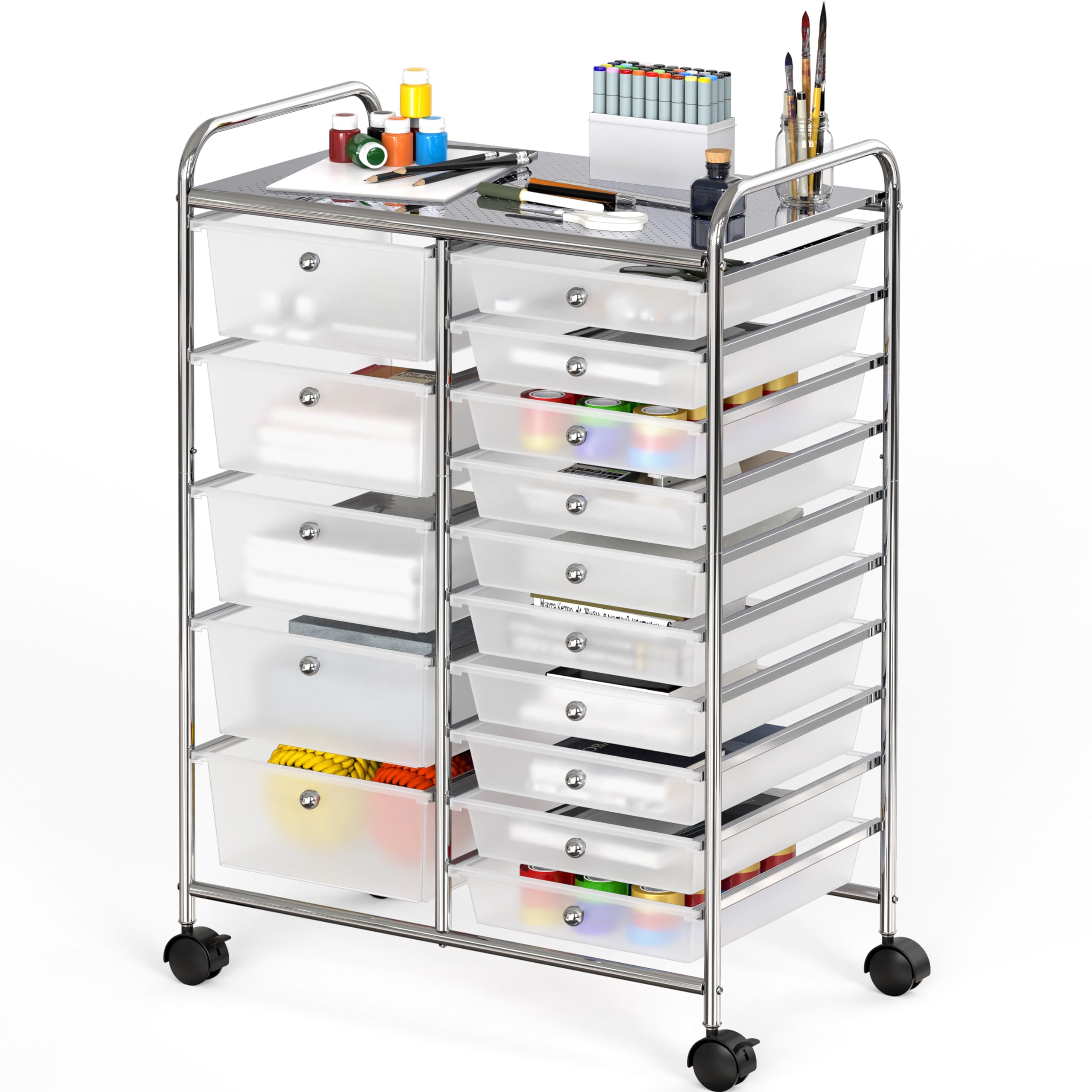 Simple Houseware Utility Cart with 15 Drawers Rolling Storage Art Craft Organizer, Chrome