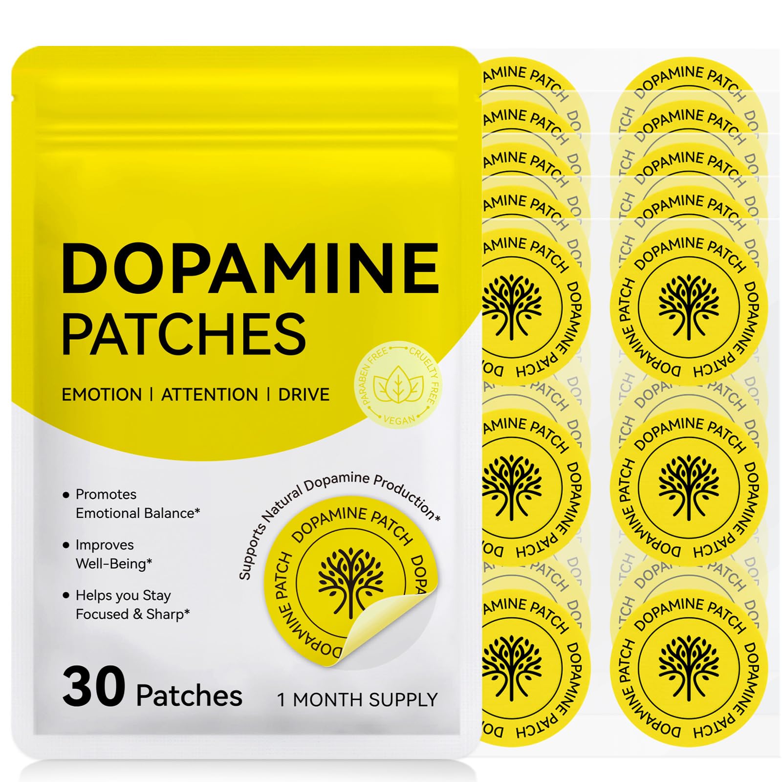 Dopamine Patches, Mood & Positivity Support, Supports Dopamine & Serotonin Balance for Men Women, 30 Patches