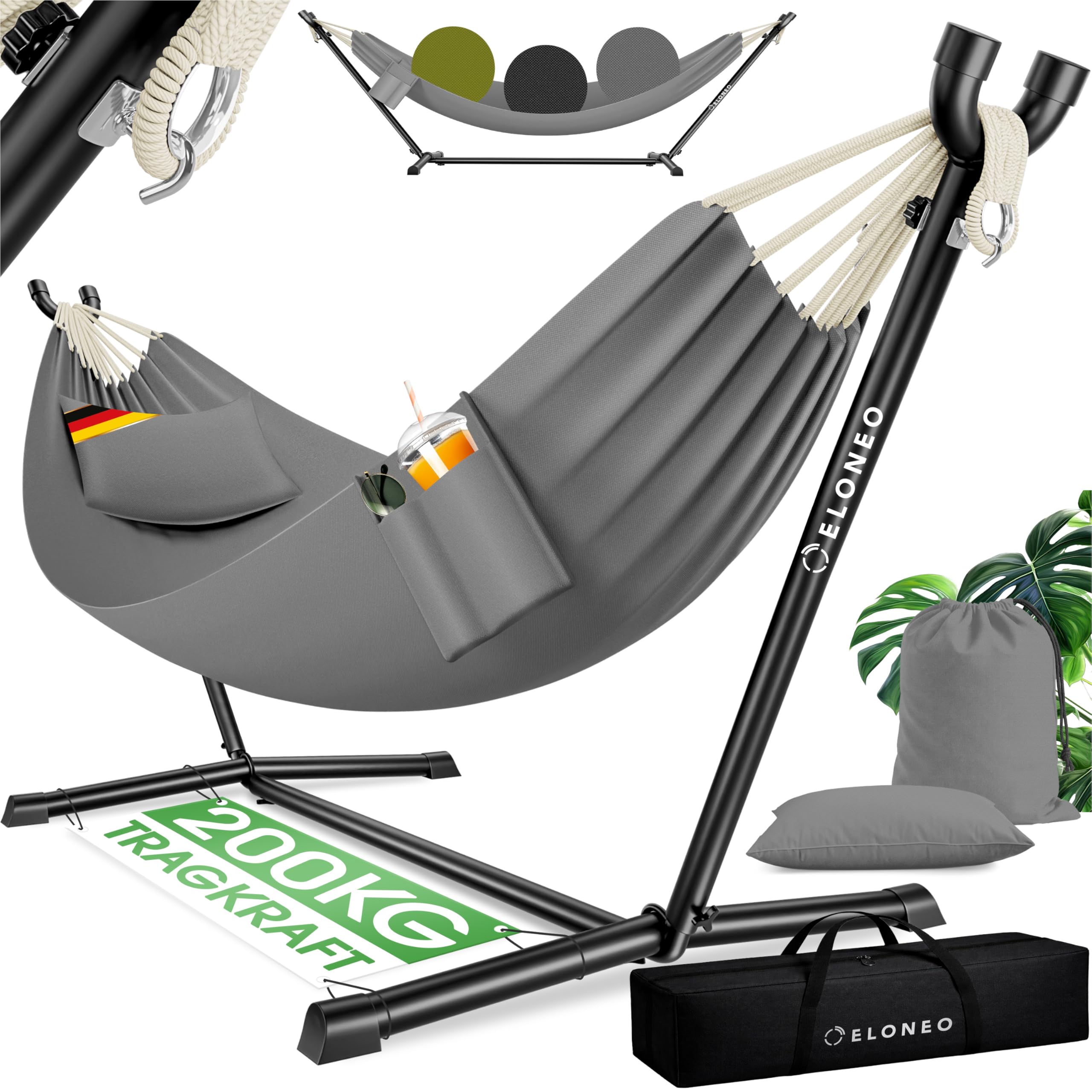 ELONEO Hängematte mit Gestell für 2 Personen | 200 kg Belastbarkeit | höhenverstellbares Hängemattengestell Outdoor und Indoor | Hammock inklusive Kissen, Tragetasche und Beutel - 1