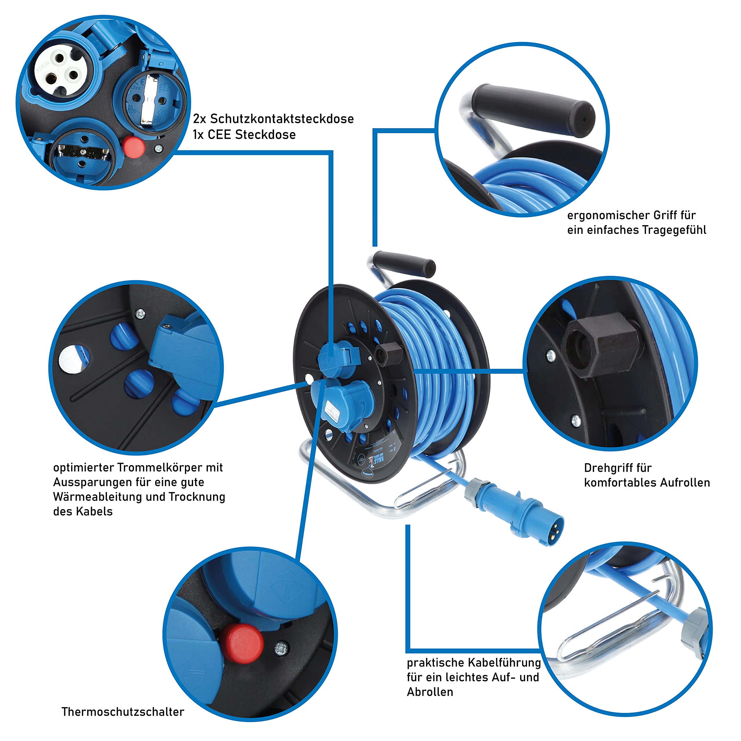 KALLE DAS KABEL Rallonge Electrique Enrouleur KTP 25m CEE, Enrouleur electrique professionnel, Polyuréthane H07BQ-F 3G 2,5mm² pour camping, chantier, bricolage & jardin, Made in Germany