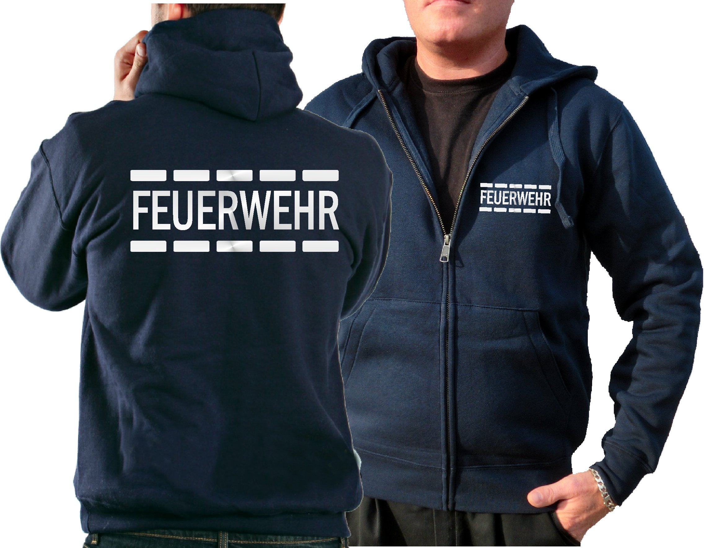 feuer1 Navy hooded sweatshirt, fire brigade in police design, reflective silver
