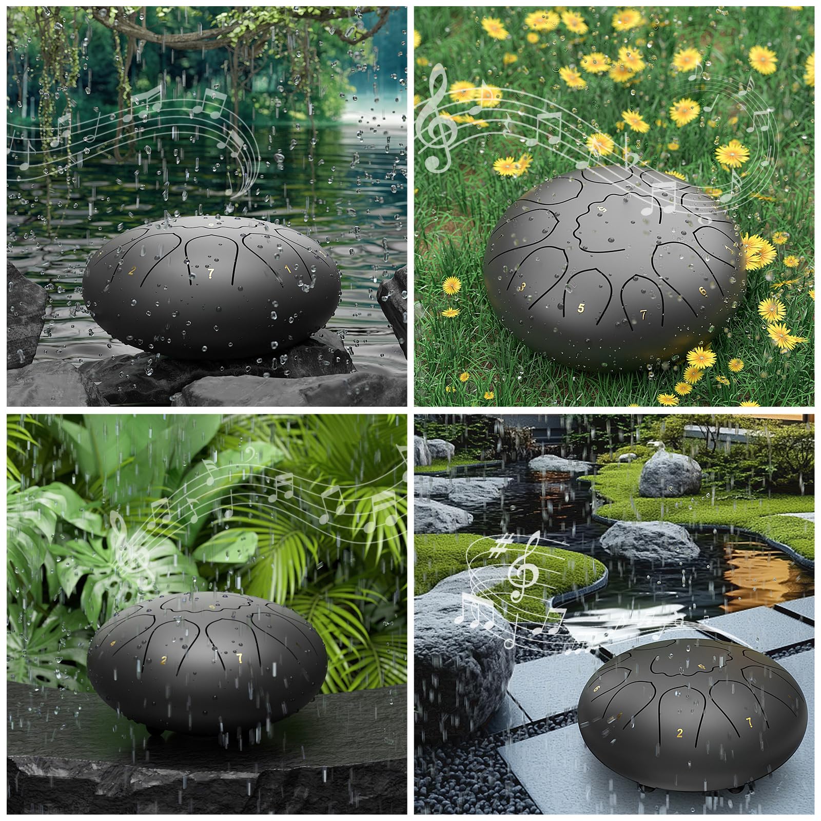 Rain Drum for Outside Garden, 8 Inches 11 Notes Steel Tongue Chakra Drum, Waterproof Meditation Rain Chime, Musical Instruments for Adult Gift with Bag, Music Book, Mallets (Black) 6