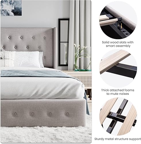 Miniatura 5 de SHA CERLIN Cama de almacenamiento elevable tamaño Queen cabecera capitonada con botones base de cama tapizada no necesita somier soporte de listones