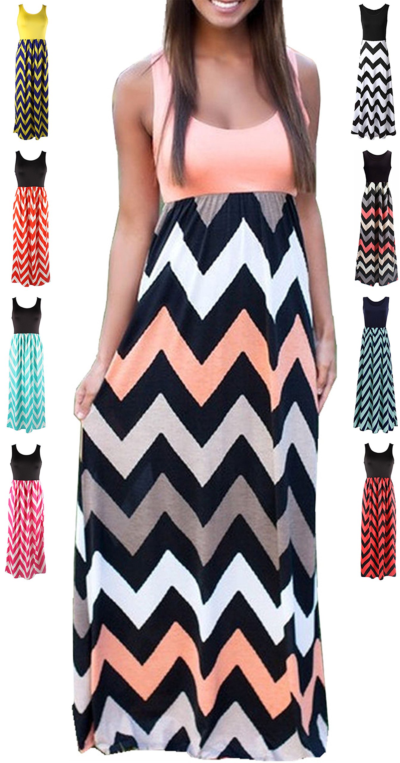 LIYOHON Women's Summer Maxi Dress Boho Loose Striped Floral Printed Casual Sleeveless Party Tank Long Dresses