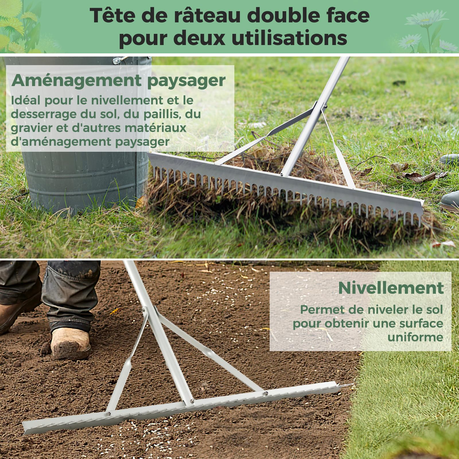 COSTWAY Râteau de Jardin en Aluminium avec Large Tête de 91 cm, Rateau de Paysage avec Manche de 174 cm de Long et 36 Dents, Outils de Jardin pour Bord du Lac Étang et Plage