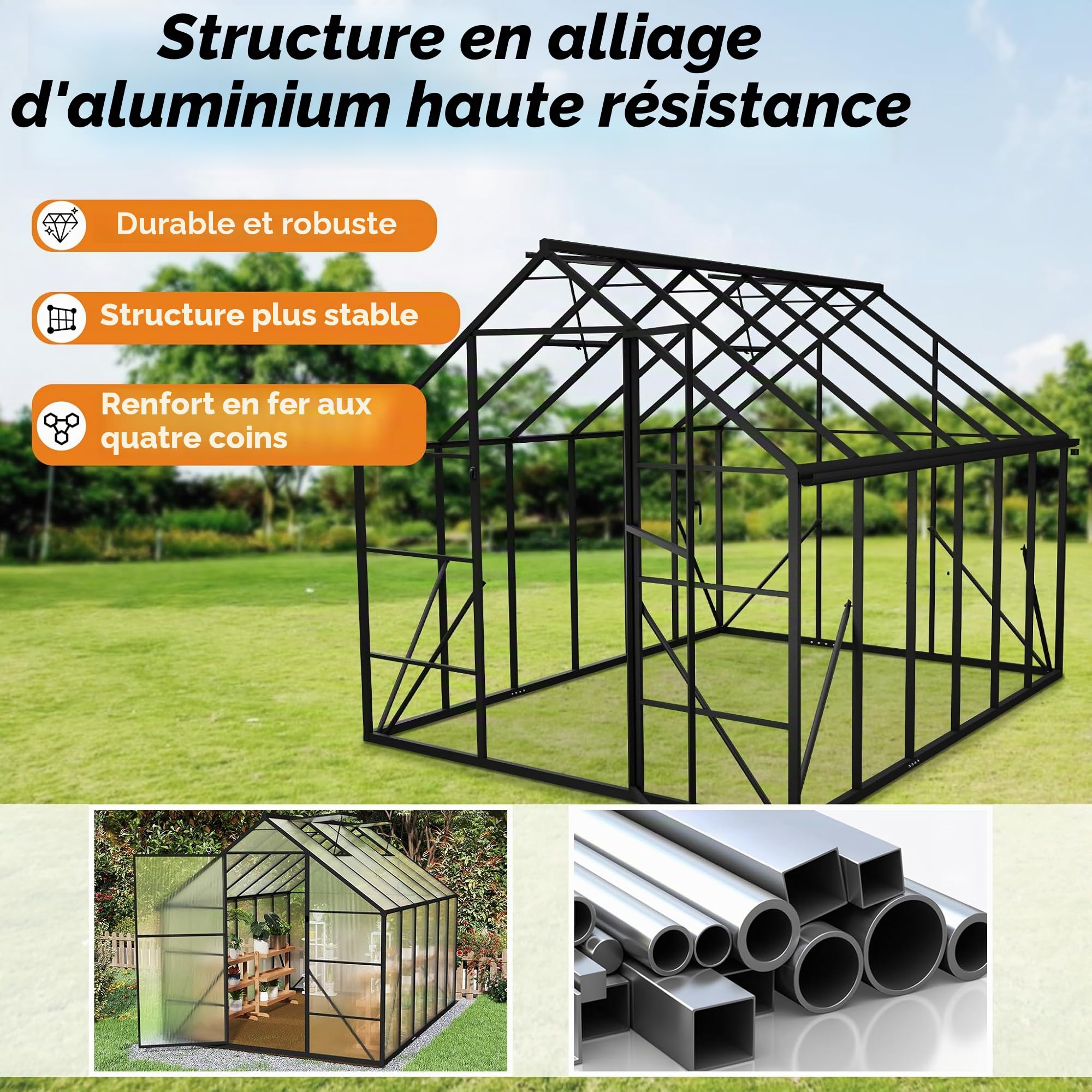 Serre en Aluminium avec PC Panneaux Transparent, Lucarne, Porte et Fondations, 335x170x195cm Hivernage Tente de Jardinage Accessible, Pépinière de Culture pour Jardin et l'extérieur