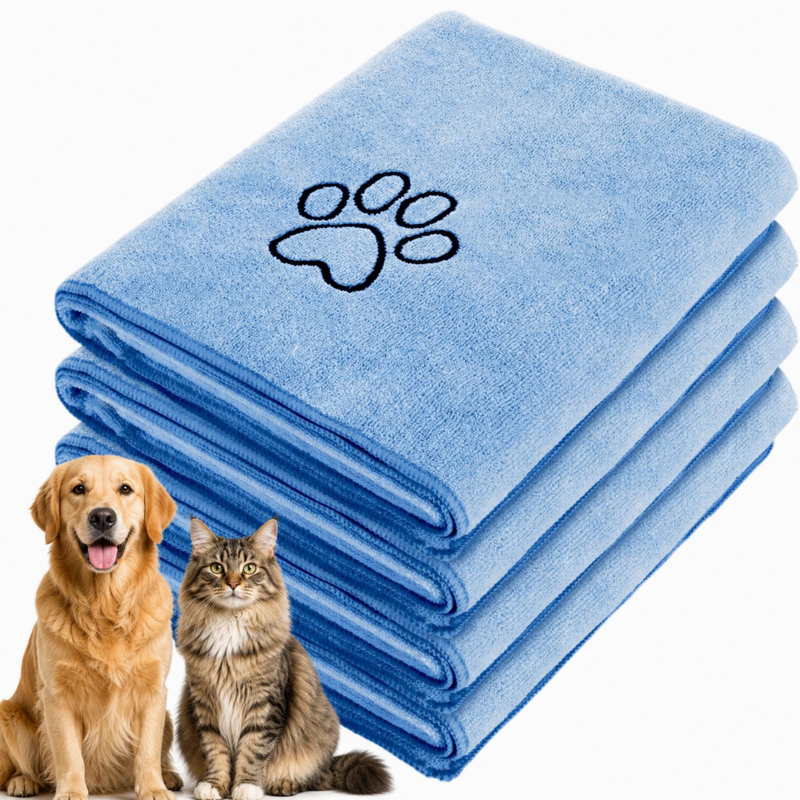 Chumia Lot de 4 serviettes pour chien pour sécher les grands outils de toilettage en microfibre absorbante et douce avec patte brodée pour produits pour animaux de compagnie de petite et moyenne