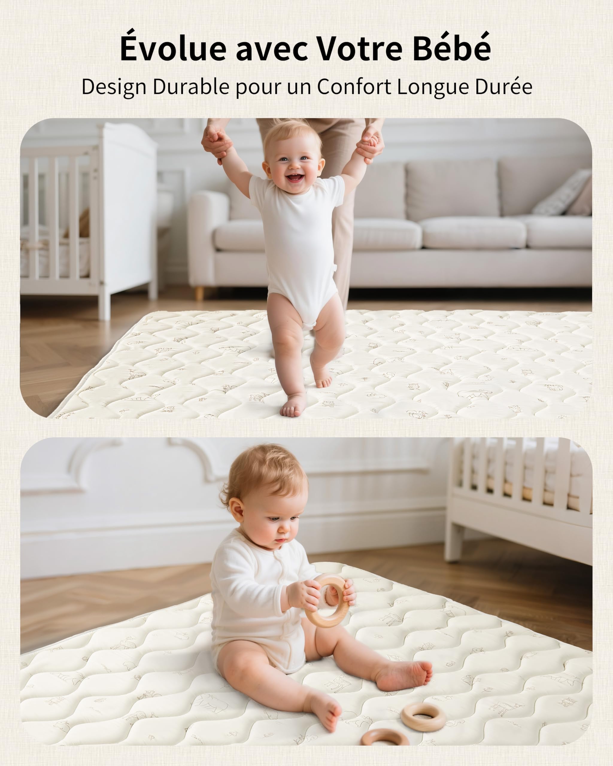 Tapis Bébé Pliable 120x120cm Antidérapant Matelas Mousse Lavable Motricité Sol Parc 0-24 Mois Forêt Beige