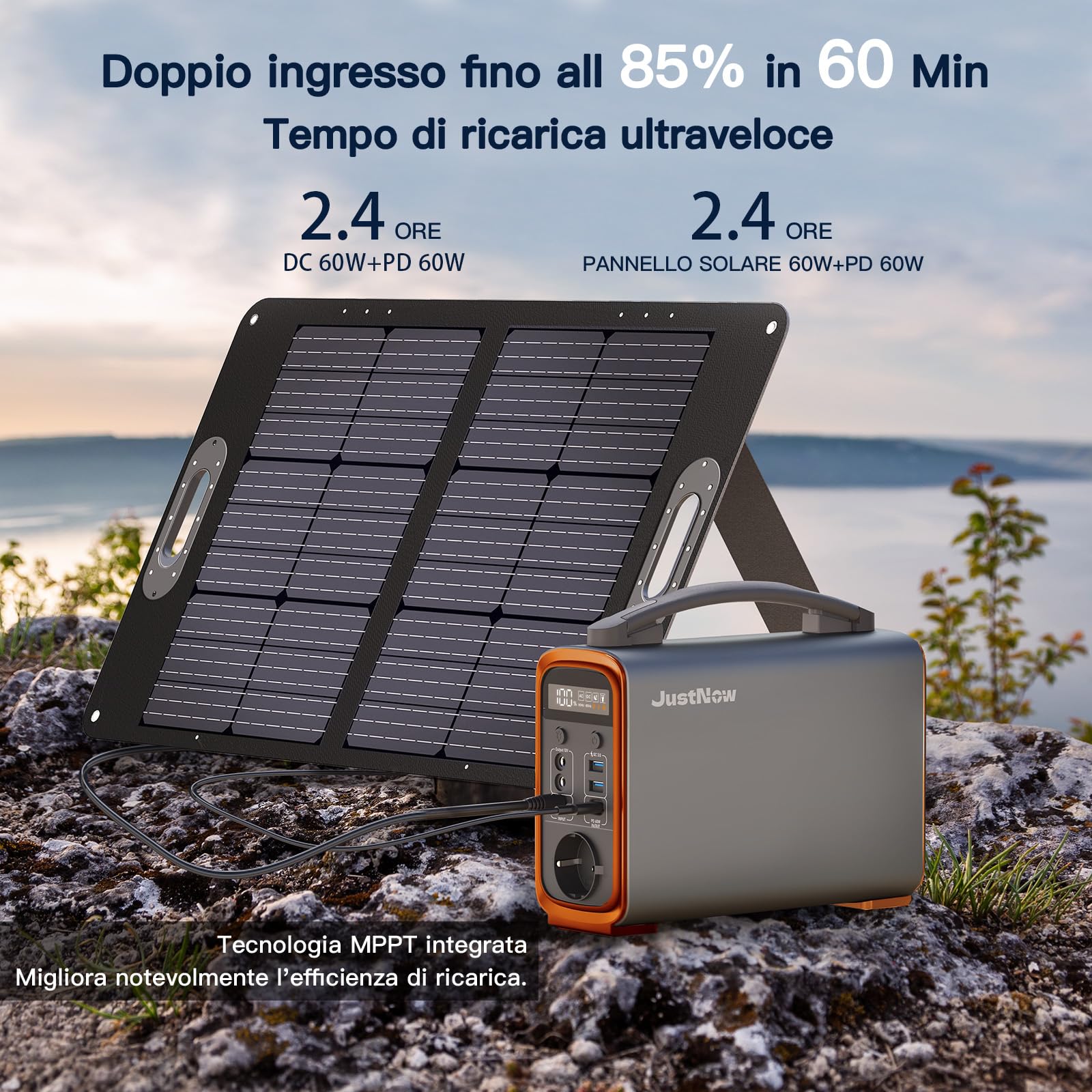 JustNow Stazione di Ricarica Portatile 240W/240Wh, Batteria LiFePo4 Mobile con Uscita AC/DC/USB/PD 60W, Generatore Solare per Campeggio, Outdoor, Camper (GT240)