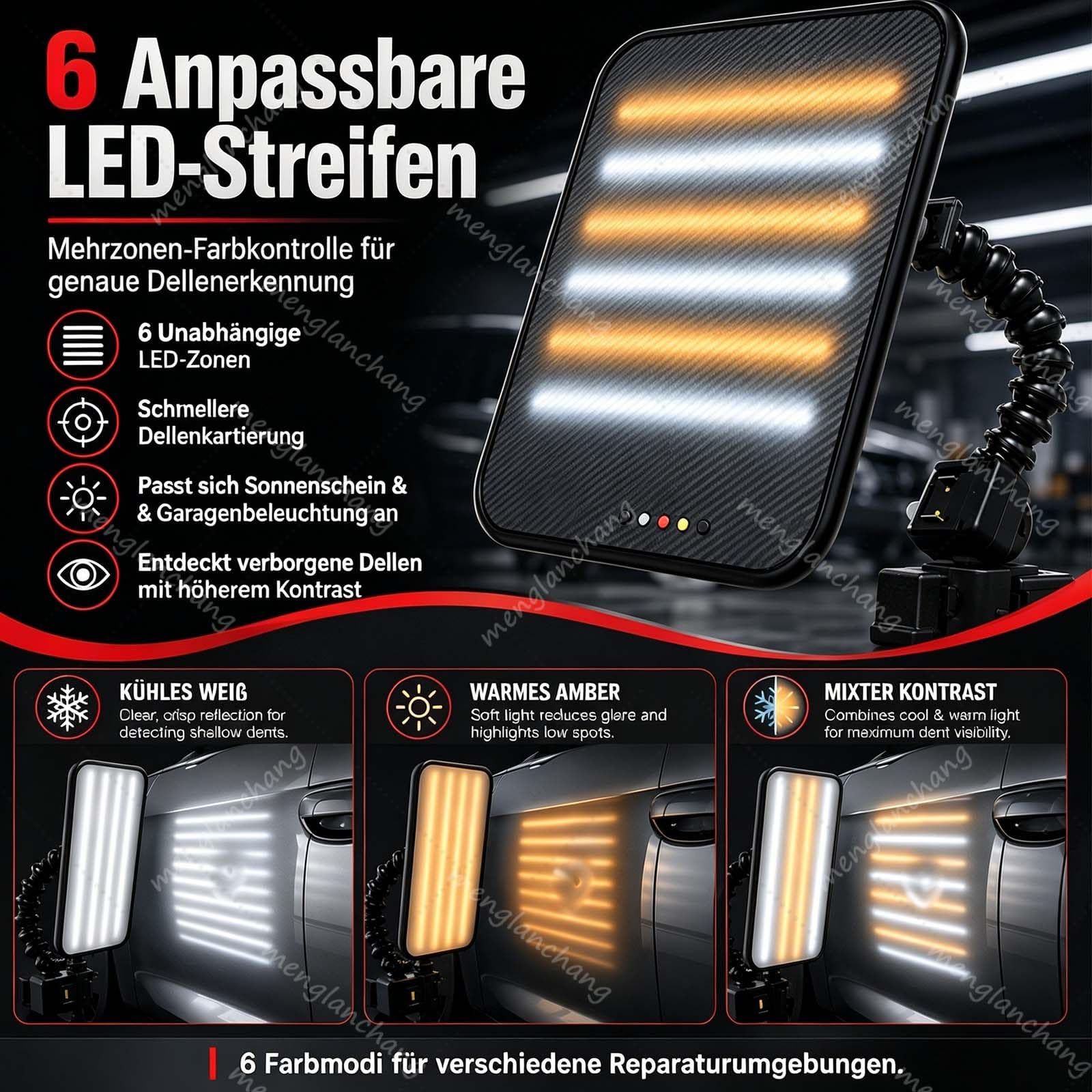 Luce LED per Riparazione Ammaccature Senza Vernice, Lampada PDR Carrozzeria Auto a 6 Colori con Ventosa 360°, Luminosità Regolabile per Levabolli e Meccanici Professionali in Officina B