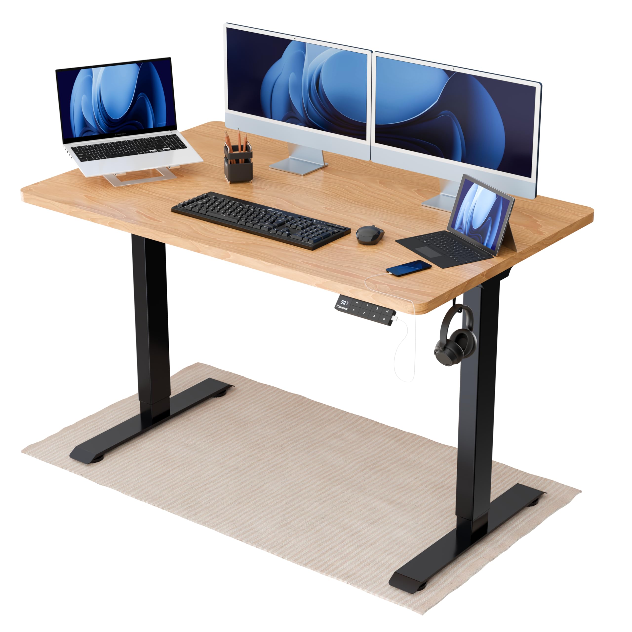 Intellidesk Eco Dual Electric Height Adjustable Standing Desk with Dual Motor, 4 Memory Controls, Supports Upto 120Kg, Sedimentary Reminder (Black+Oak, 150x75)