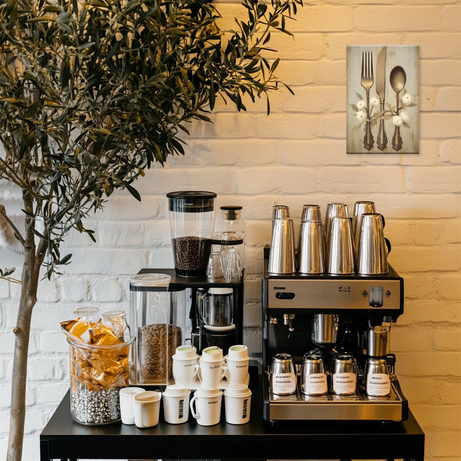 MODOJOART Fork Knife Spoon Canvas Wall Art - Golden Fork Knife Spoon and White Flowers Painting Print Vintage Kitchen Still Life Picture Poster for Kitchen Dining Room Decor(Artwork-02, 16"x24")