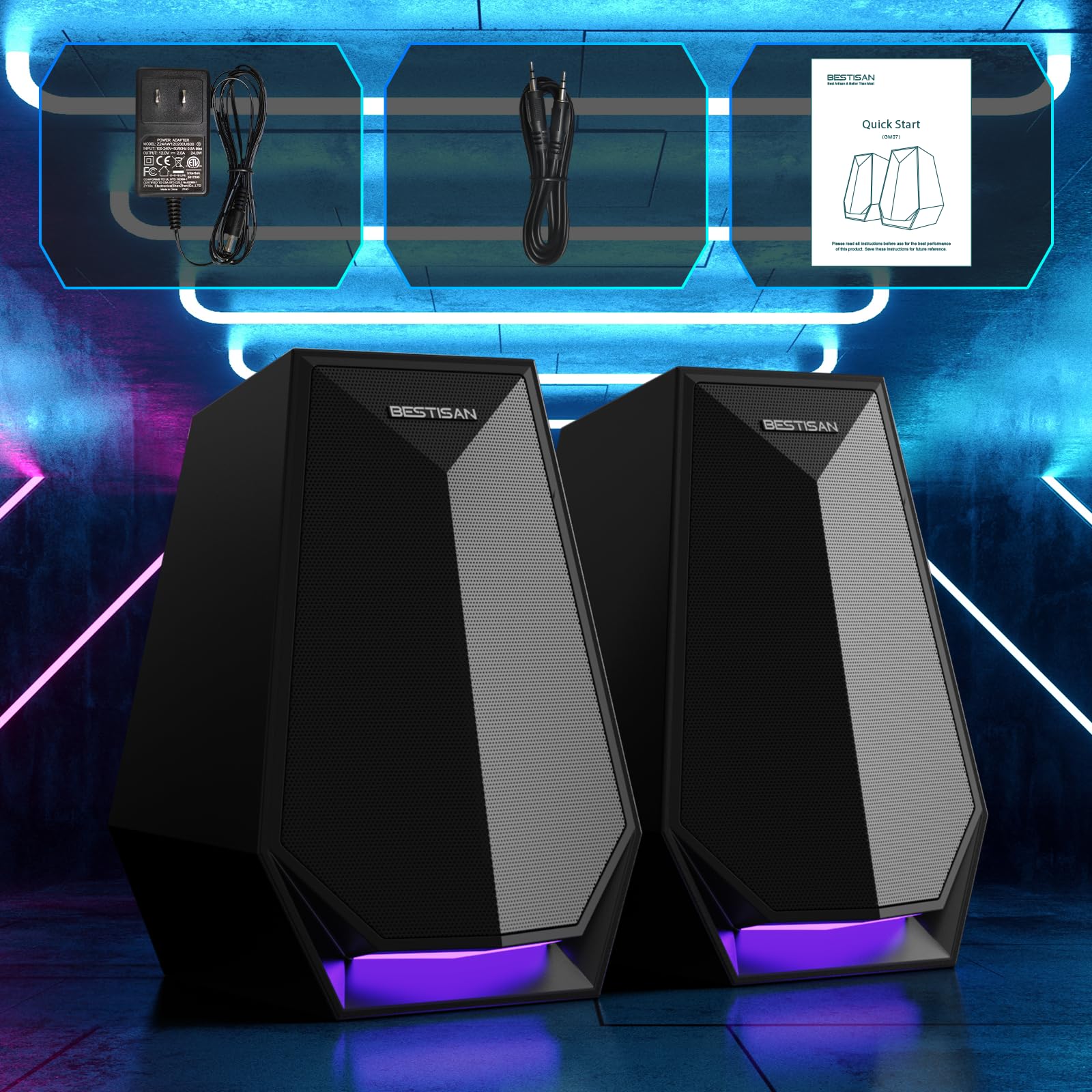 BESTISAN PC-Lautsprecher für Desktop, Bluetooth-Computer-Lautsprecher für Gaming, Monitor, Laptop, 3,5-mm-Aux-/Typ-C-Eingang, Netzbetrieb, Bunte LED-Beleuchtung