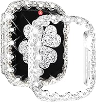 Vista 13 de NewWays Paquete de 2 carcasas con diamantes brillantes para Apple Watch de 1.772 pulgadas para mujer, parachoques protector con diamantes totalmente