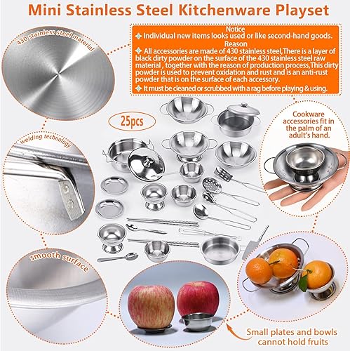Miniatura 18 de Juego de juguetes de cocina de tamaño mini para niños, accesorios con utensilios de cocina de acero inoxidable, juego de ollas y sartenes de acero