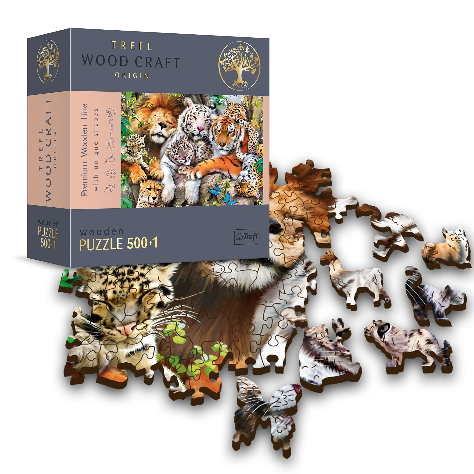 Trefl WoodCraft, Puzzle in legno, gatti selvatici nella giungla - 500 + 1 elementi, artigianato ligneo, forme irregolari, 50 figure di animali, moderno puzzle premium, fai da te
