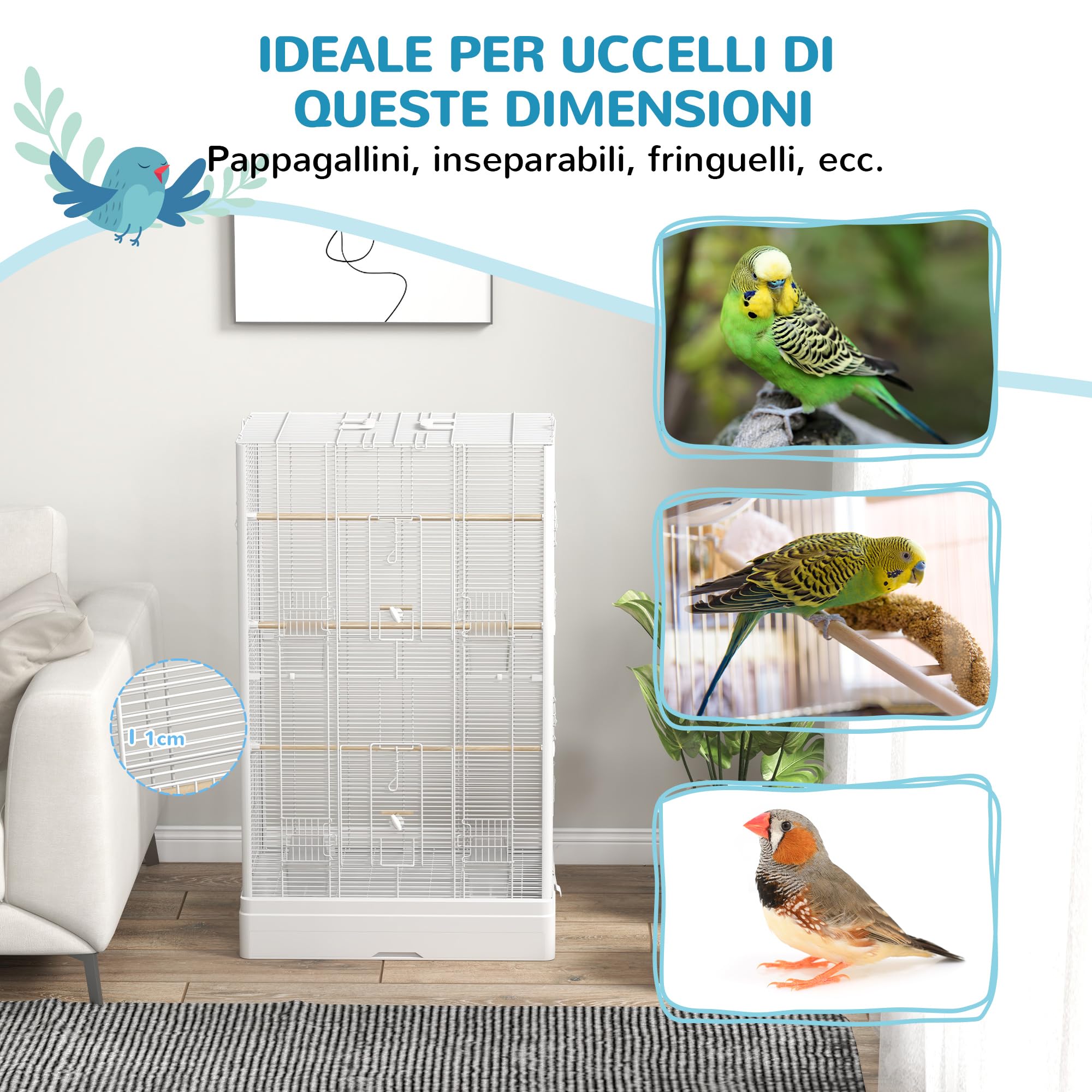 PawHut Gabbia per Canarini con Posatoi in Legno, Voliera per Uccelli in Acciaio con 2 Maniglie, Vassoio Rimovibile e Ciotole per Cibo, 61x36.5x98 cm, Bianco