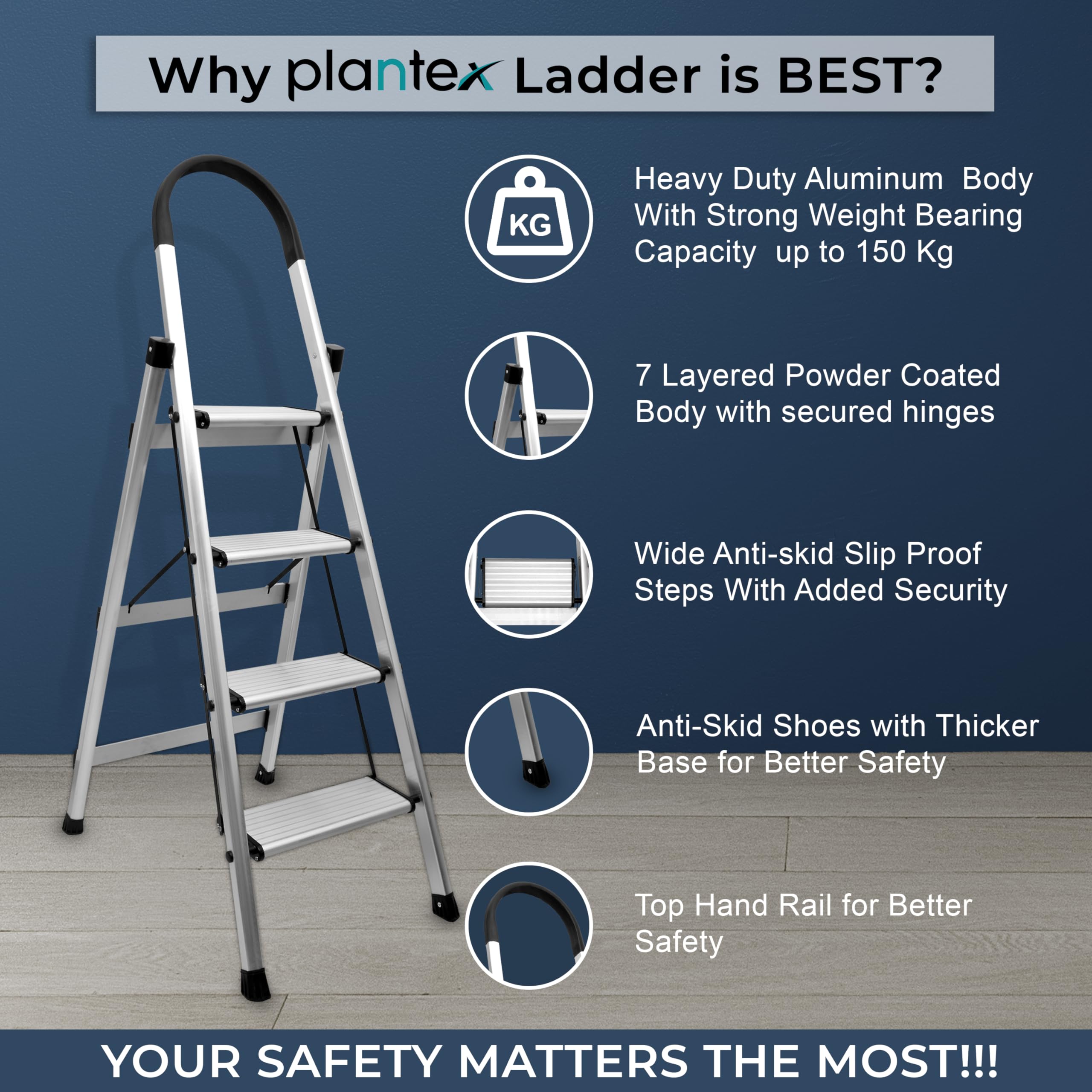 Plantex Surestep 3 Step Aluminum Ladder for Home Use/Wide Anti-Slip Steps/Foldable Ladder with Anti Skid PVC Shoes, 3 Steps Kitchen Stool (Anodize-Silver) 3